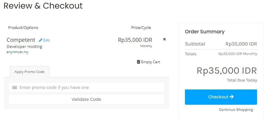 Form input kode promo di halaman keranjang AnymHost