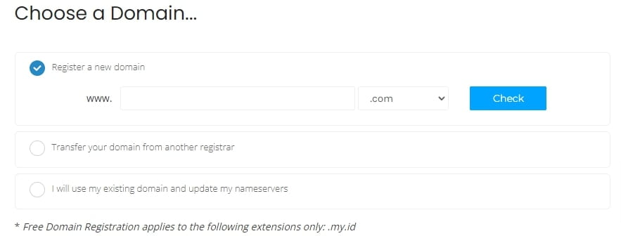 Pilihan domain saat memesan produk di AnymHost