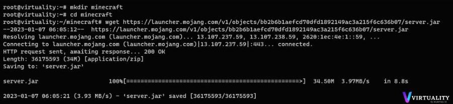 Proses download file server.jar Minecraft menggunakan wget