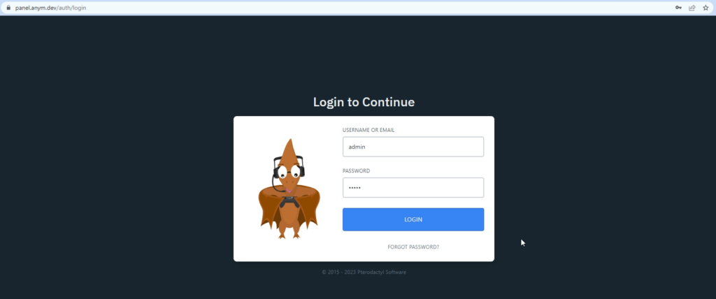 Halaman login panel Pterodactyl