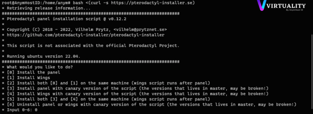 Pilihan menu awal pada script installer Pterodactyl