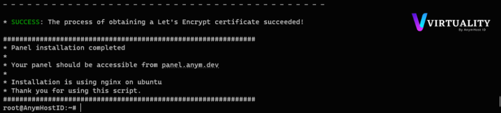 Notifikasi instalasi panel Pterodactyl selesai