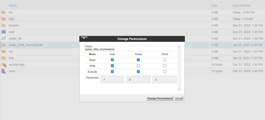 ubah permission cpanel