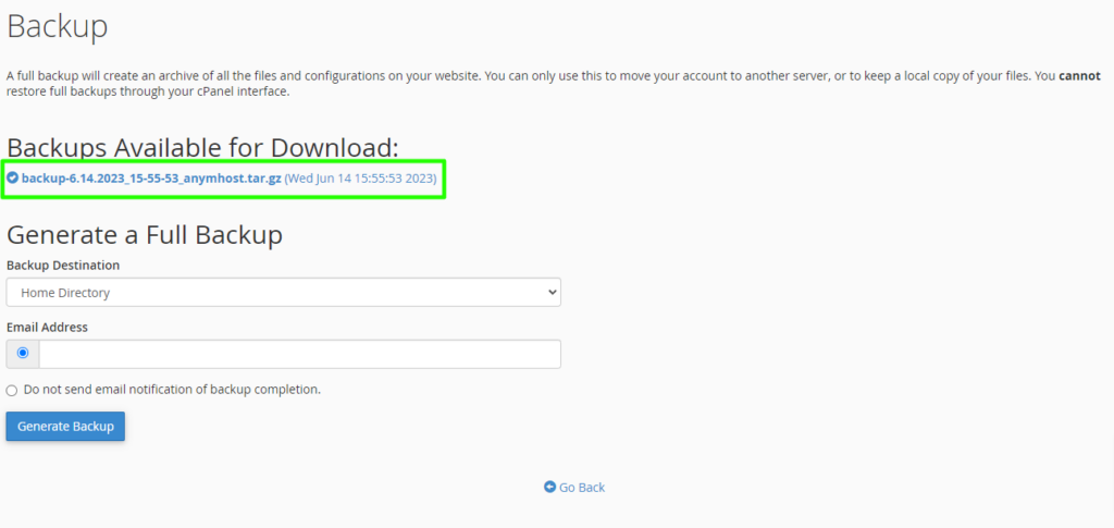 Backup data control panel