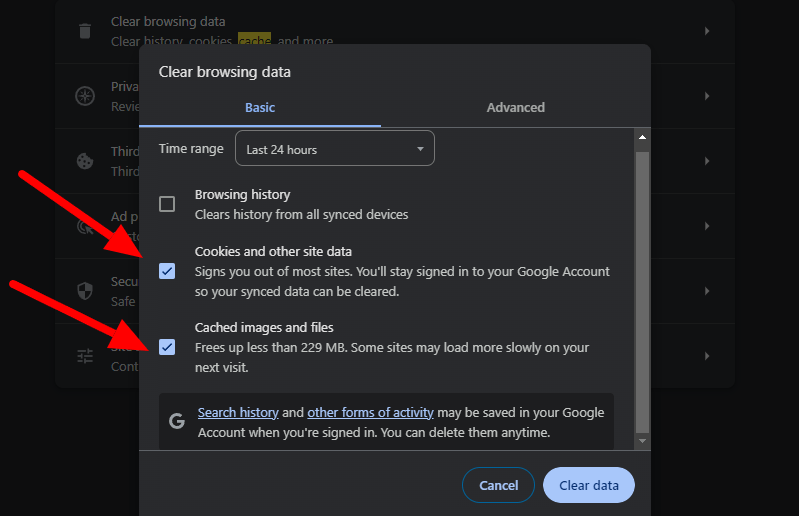 membersihkan cookies dan cache browser