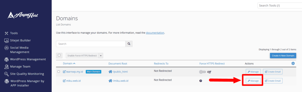 manage domain cpanel hosting anymhost