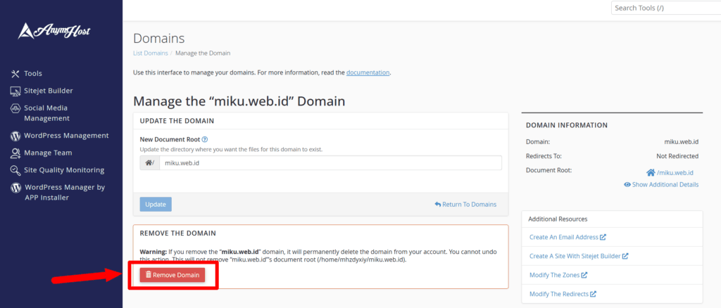 remove domain hosting cpanel anymhost
