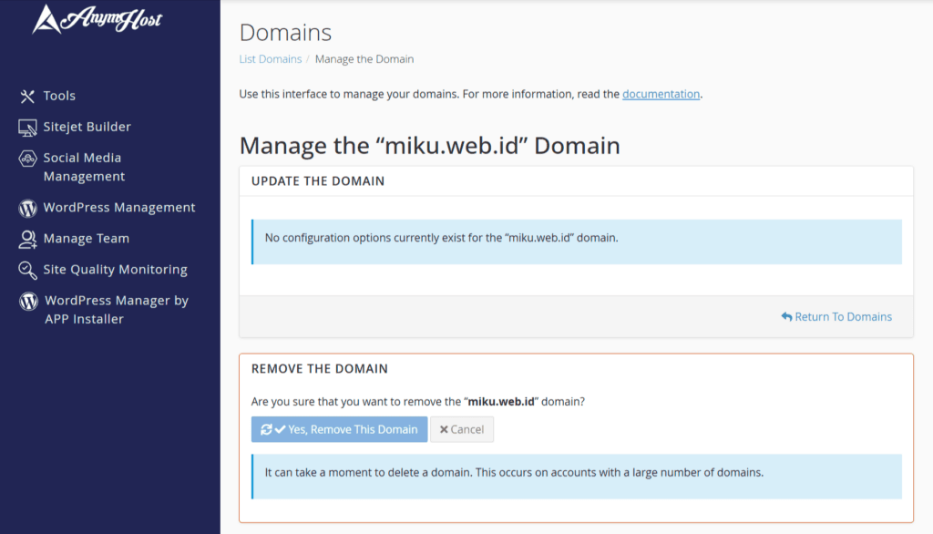 remove domain from cpanel