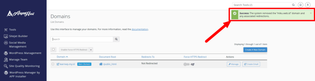 remove domain berhasil