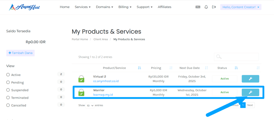 service hosting cpanel anymhost