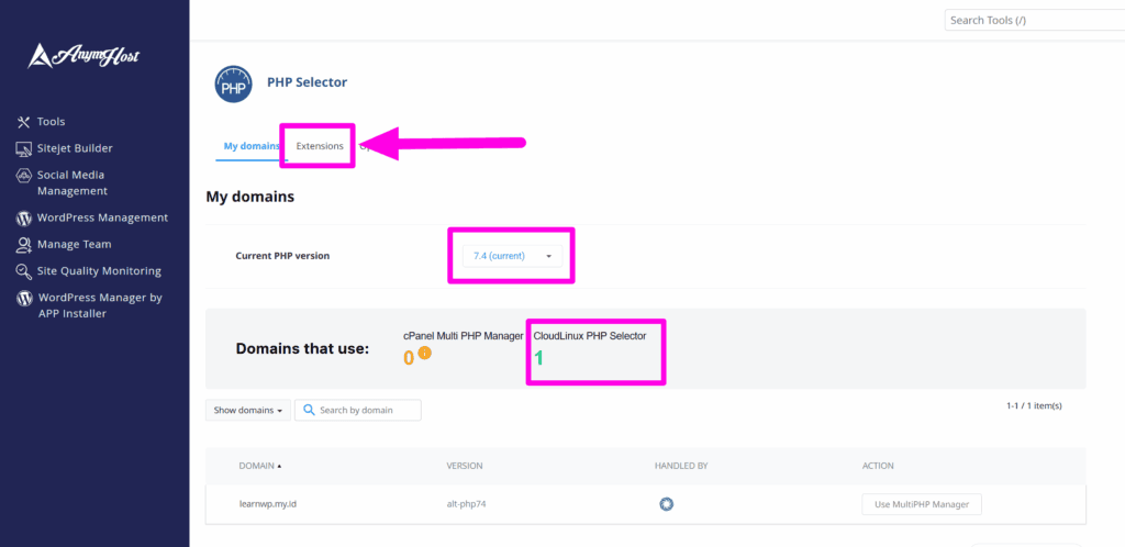 php selector cpanel anymhost