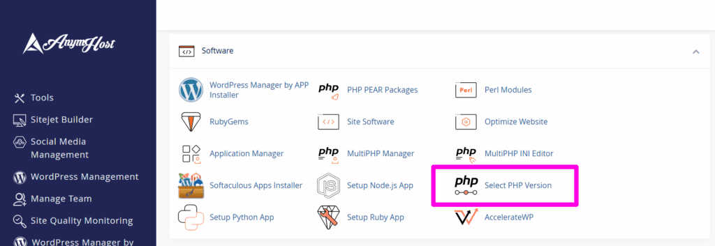 select php version anymhost