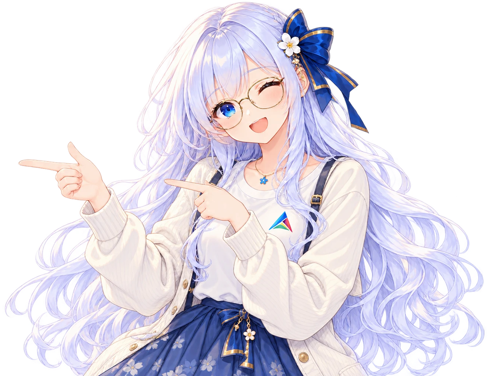 Anym-chan berkacamata mengedip sambil menunjuk ke arah tombol